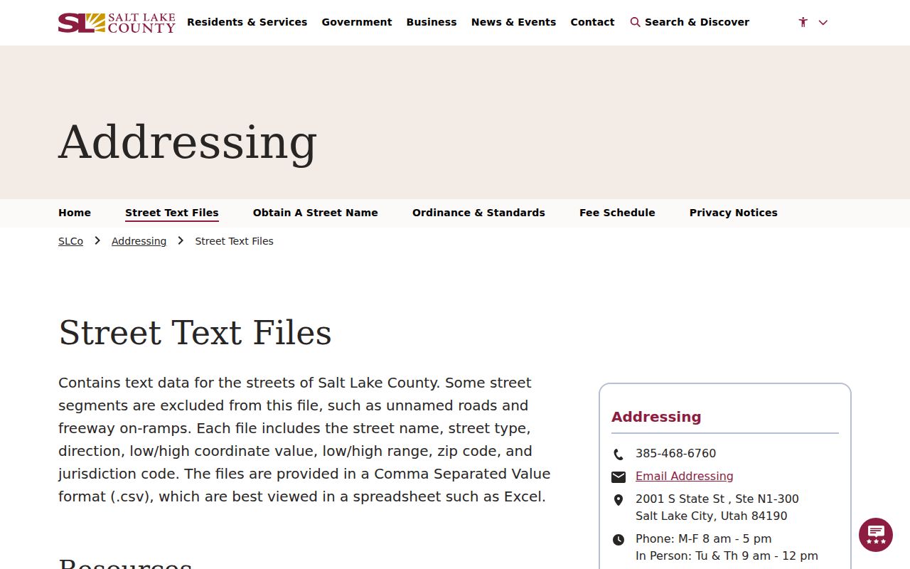 Salt Lake County street directory street and ZIP text files